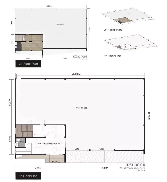 Factory for sale in Bang Bo, Samut Prakan - Factory floor plan illustrating the warehouse area and two-storey office layout.