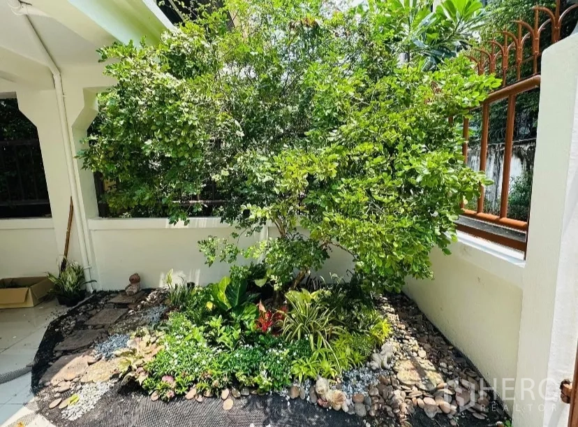บ้าน ให้เช่า - ลานสวนร่มรื่น ต้นไม้ใหญ่และภูมิทัศน์กรวด.