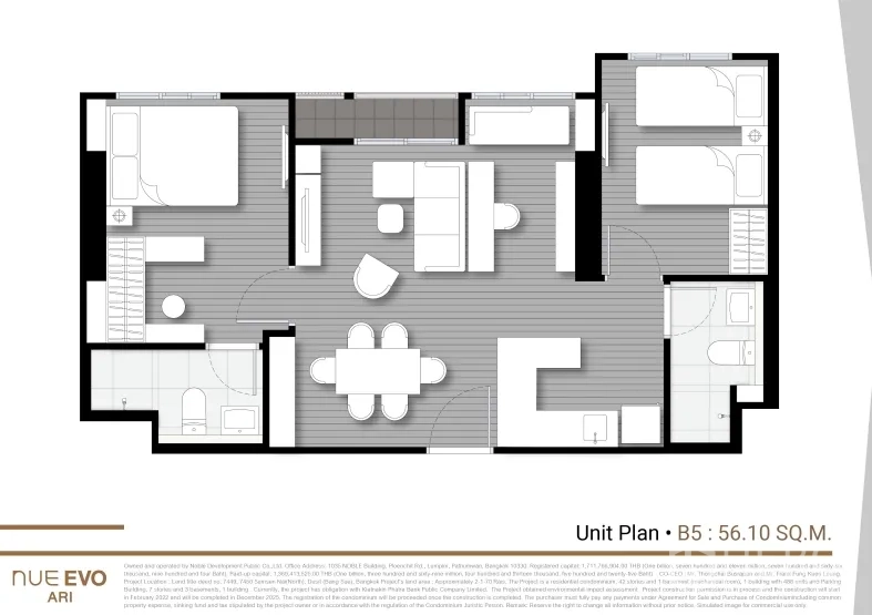 คอนโด ขายในPhaya Thai, Bangkok - ผังห้องคอนโด 56 ตร.ม. 2 ห้องนอน ใกล้ BTS อารีย์ แสดงพื้นที่นั่งเล่น–รับประทานอาหาร ครัว และห้องนอนแยกส่วน