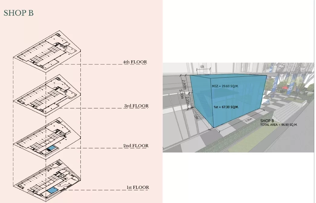独立商业地产 出售在Watthana, Bangkok - 店铺B位置与三维体量尺寸示意图。
