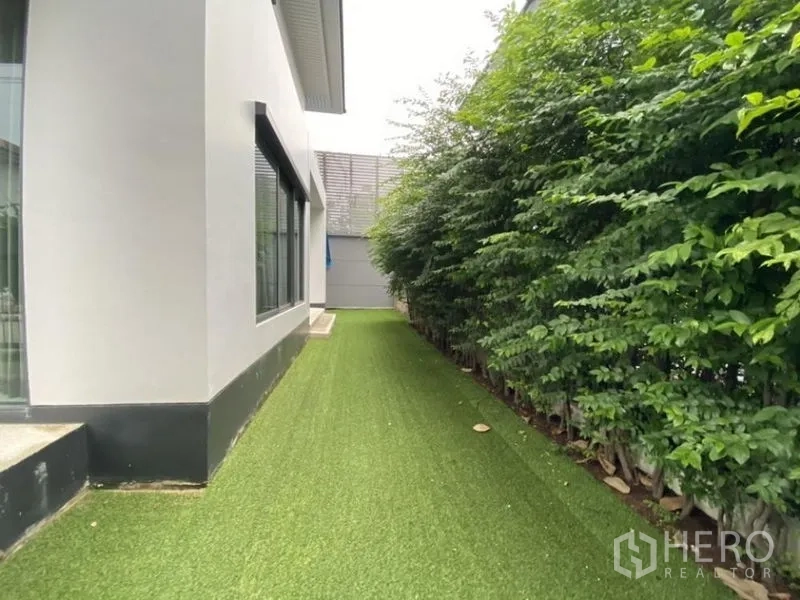 Detached House for rent in Bang Kapi, Bangkok - Side garden with artificial turf and tall privacy hedges along the house wall.