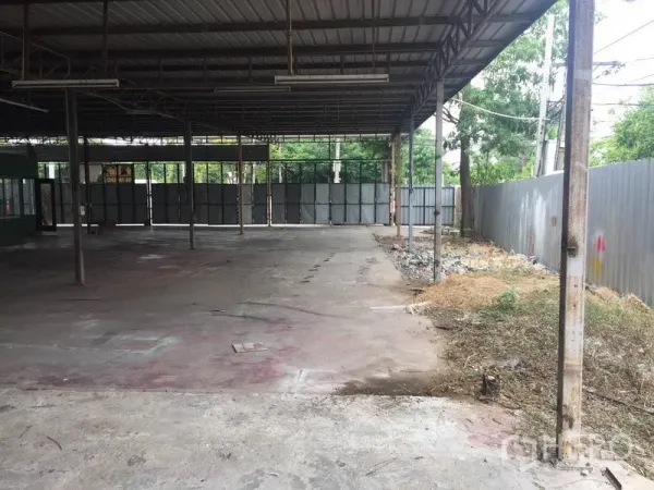 Warehouse for rent in Pathum Thani - Covered storage bay with metal pillars, fenced perimeter and trees outside.