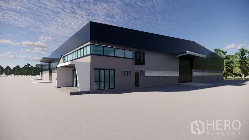 คลังสินค้า ให้เช่าหรือขายในNikhom Phatthana, Rayong - ภาพเรนเดอร์ด้านข้างโกดังเสร็จสมบูรณ์ มีช่องโหลดและออฟฟิศกระจก