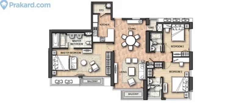 คอนโด ให้เช่าหรือขายในKhlong Toei, Bangkok - แปลนคอนโด 3 ห้องนอน พื้นที่ใช้สอย 138 ตร.ม. พร้อมระเบียงสองจุด