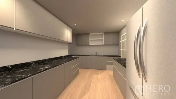 独立式住宅 出租在Lat Phrao, Bangkok - 现代厨房，灰色橱柜、黑色大理石台面、木地板与对开门冰箱。