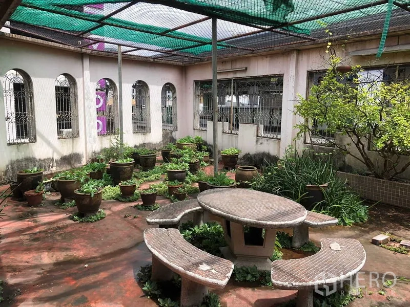 อาคารพาณิชย์ ให้เช่าในKhlong Toei, Bangkok - สวนชั้นดาดฟ้ามีกระถางต้นไม้และโต๊ะเก้าอี้ยาวคอนกรีต