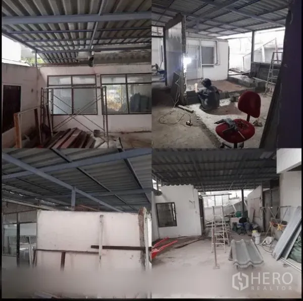 Home Office for rent in Suan Luang, Bangkok - Work zone showing steel framing, corrugated roofing and partition walls being installed around windows.