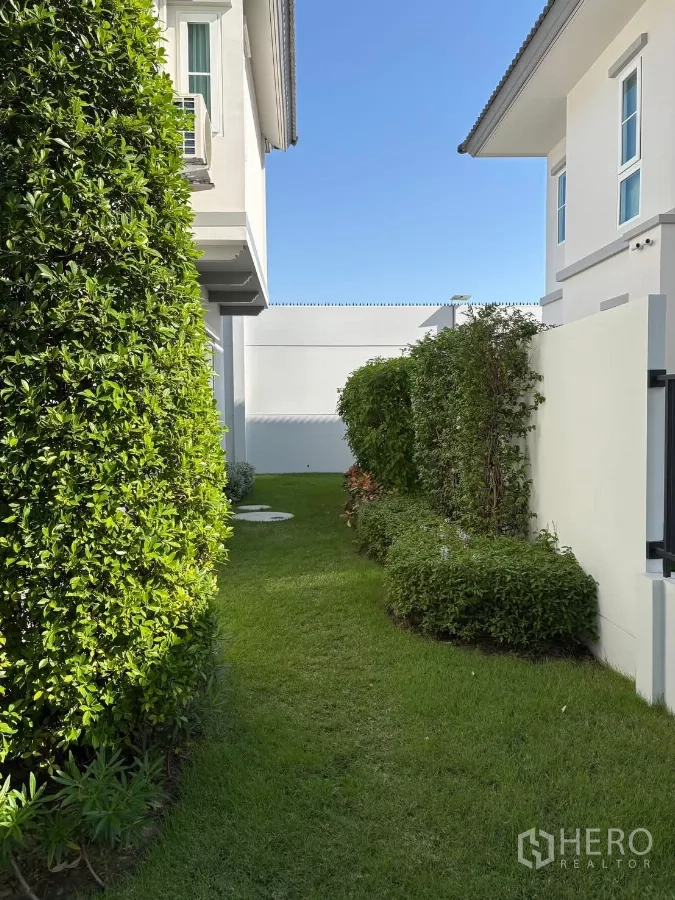 Detached House for rent in Bang Phli, Samut Prakan - Side garden with trimmed hedges and green grass between neighboring homes.