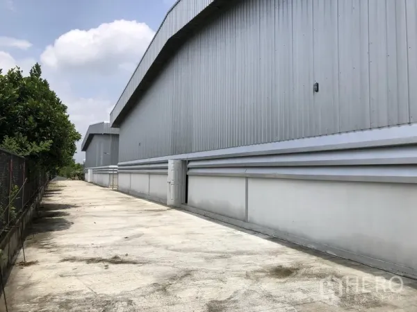 Warehouse for rent in Lat Lum Kaeo, Pathum Thani - Side view of the warehouse with concrete service road and greenery fence.