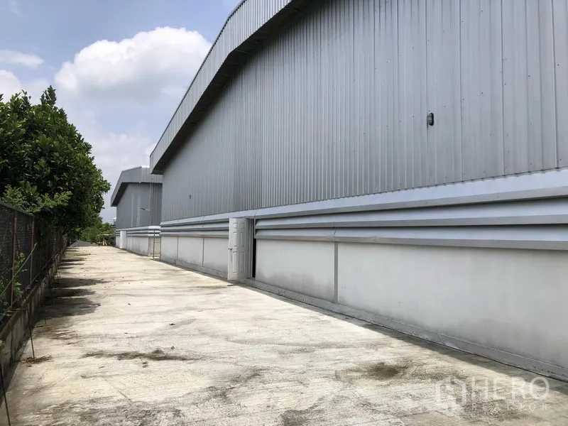 Warehouse for rent in Lat Lum Kaeo, Pathum Thani - Side view of the warehouse with concrete service road and greenery fence.