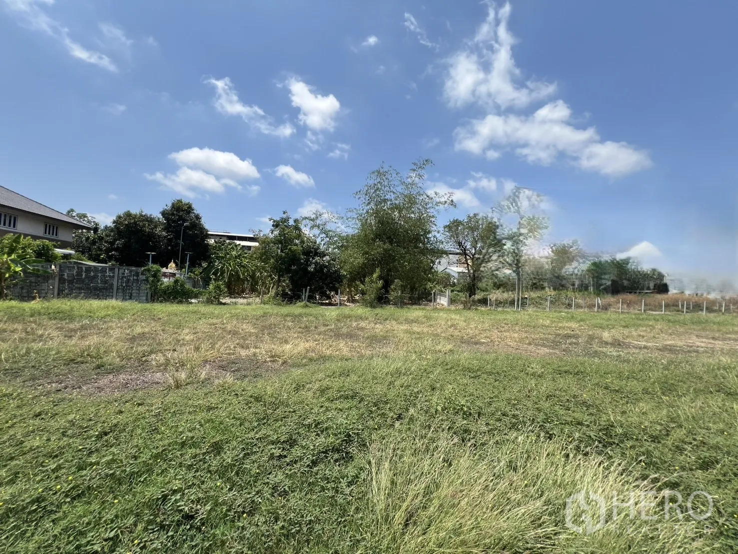 Land for rent in Mueang Samut Prakan, Samut Prakan - Open plot with grass and scattered trees next to low-rise homes behind a simple fence under a clear sky.