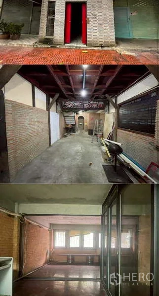 Shophouse for rent in Pom Prap Sattru Phai, Bangkok - Collage showing the shophouse entrance, brick-lined hall and glass-walled room.