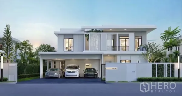 บ้าน ให้เช่าในSamut Prakan - บ้านเดี่ยวสไตล์โมเดิร์น 2 ชั้น หน้าบ้านกระจกบานใหญ่ พร้อมที่จอดรถในร่ม 3 คันและสวน