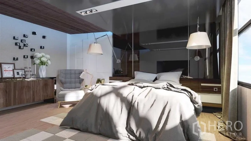 Shophouse for rent in Khlong San, Bangkok - Sunlit bedroom suite with large bed, hanging lamps and floor-to-ceiling windows.