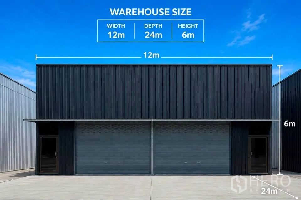 Warehouse for rent in Bang Kapi, Bangkok - Front elevation of a warehouse bay with roller shutter doors and side entry, size diagram displayed.