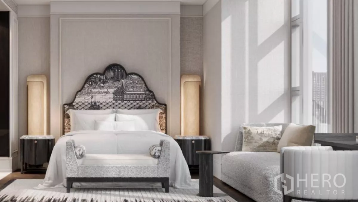 Apartment for rent in Khlong Toei, Bangkok - Primary bedroom with upholstered headboard, soft seating nook and tall windows bringing daylight.