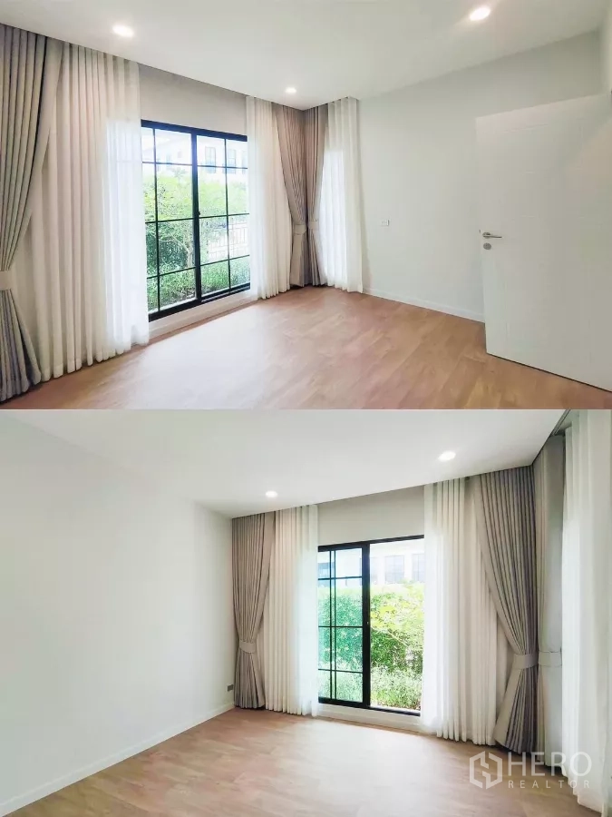 บ้าน ให้เช่าในKhan Na Yao, Bangkok - ห้องอเนกประสงค์ชั้นล่าง หน้าต่างบานใหญ่ ผ้าม่าน และวิวสวน