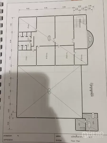 Warehouse for rent or sale in Mueang Nonthaburi, Nonthaburi - Detailed building floor plan showing rooms and dimensions.