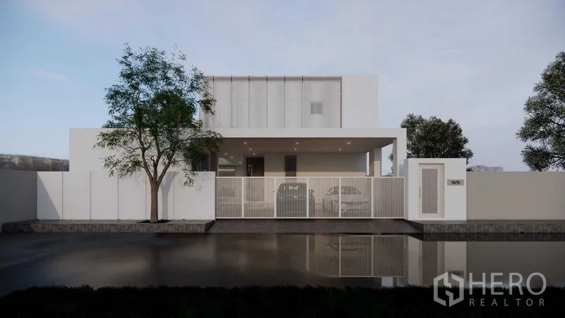 ที่ดิน ขายในPrawet, Bangkok - มุมมองด้านหน้าพร้อมรั้วประตู ที่จอดรถในร่ม และฟาซาดสไตล์มินิมอล.