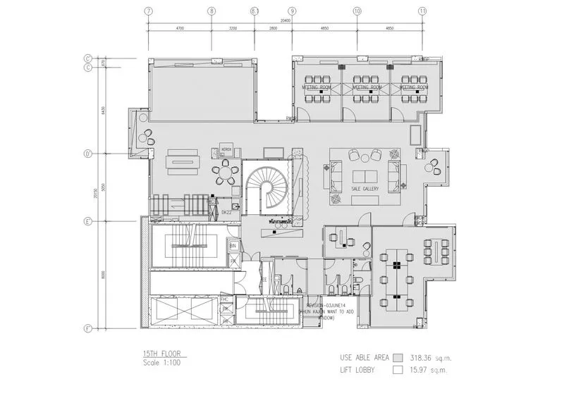 Office Space for rent - Floor plan of 318 sq m office layout with meeting rooms and lobby.