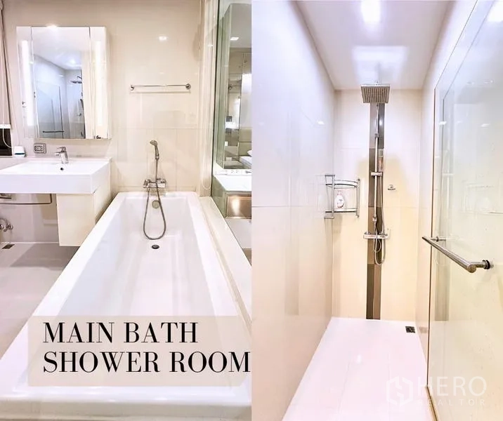 คอนโด ให้เช่าในWatthana, Bangkok - ห้องน้ำหลักมีอ่างอาบน้ำลึกข้างเคาน์เตอร์อ่างล้างหน้า และห้องอาบน้ำกระจกแยก