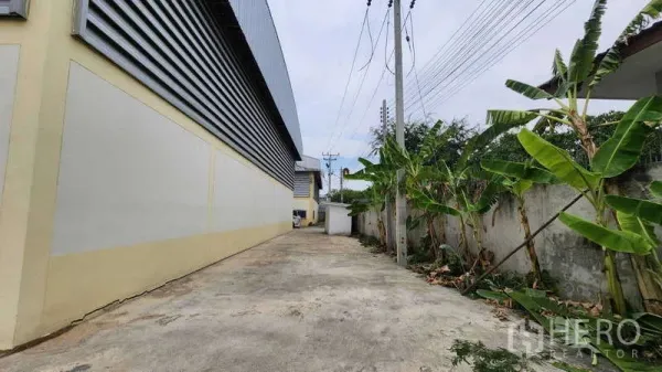 工厂 出租在Ban Phaeo, Samut Sakhon - 工厂侧边混凝土通道，金属百叶外墙、供电杆与绿植，适合货车通行。