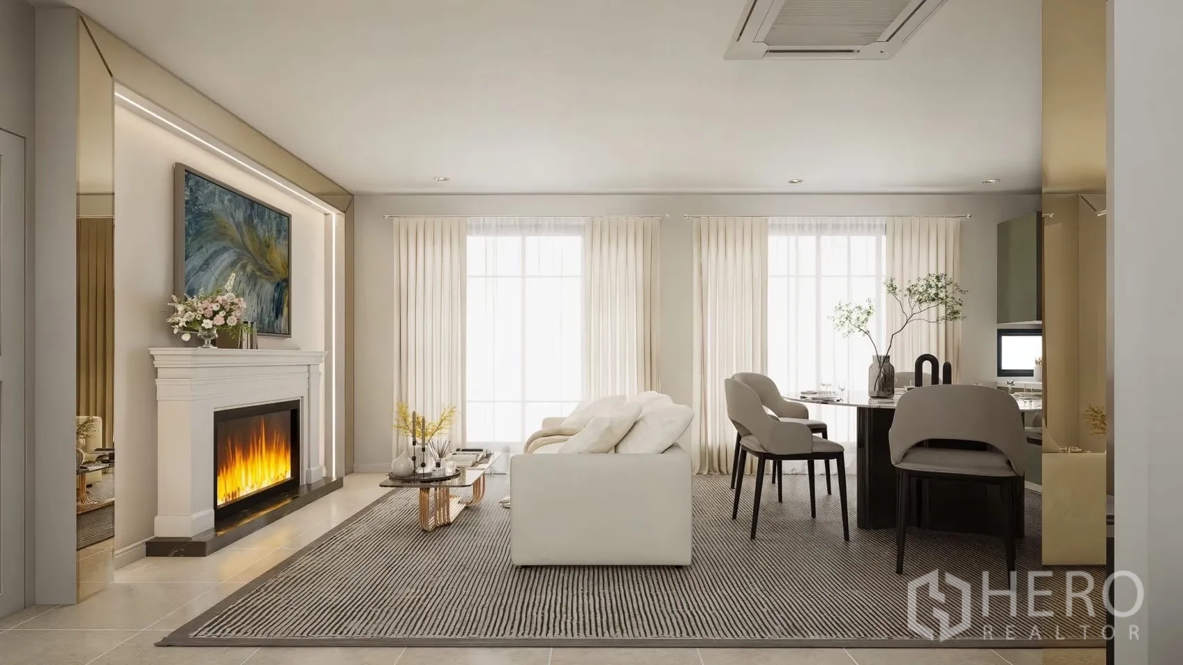 独立式住宅 出租在Bang Phli, Samut Prakan - 明亮客餐厅，壁炉与大窗采光。