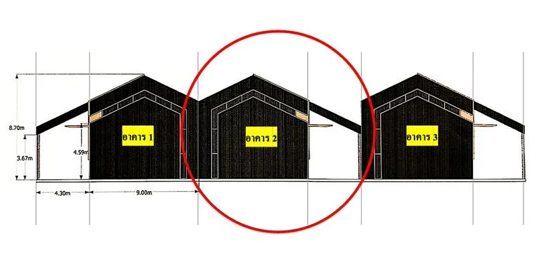 Warehouse for rent in Lat Phrao, Bangkok - Illustration highlighting the middle warehouse unit among three buildings.