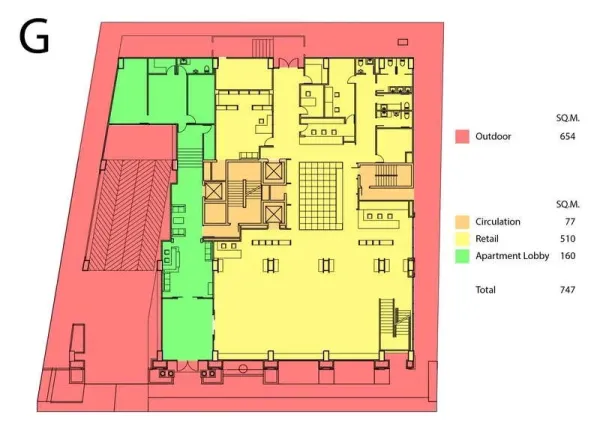 零售空间 出租在Watthana, Bangkok - 底层平面图，标示零售区、大堂、流线与户外区