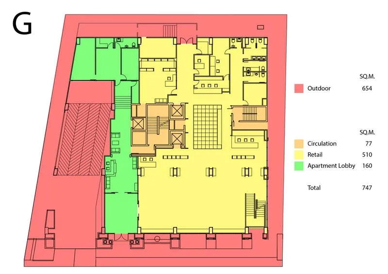 零售空间 出租在Watthana, Bangkok - 底层平面图，标示零售区、大堂、流线与户外区