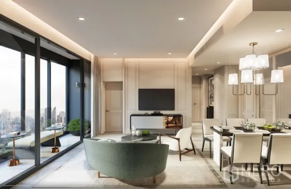 คอนโด ขายในWatthana, Bangkok - ห้องนั่งเล่นและรับประทานอาหารสว่าง โปร่ง ด้วยผนังกระจกสูงจรดเพดานและวิวเมืองจากระเบียง