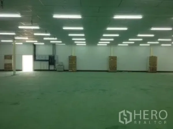 Warehouse for rent in Nakhon Ratchasima - Open warehouse interior with bright LED lighting, high ceiling and green epoxy flooring.