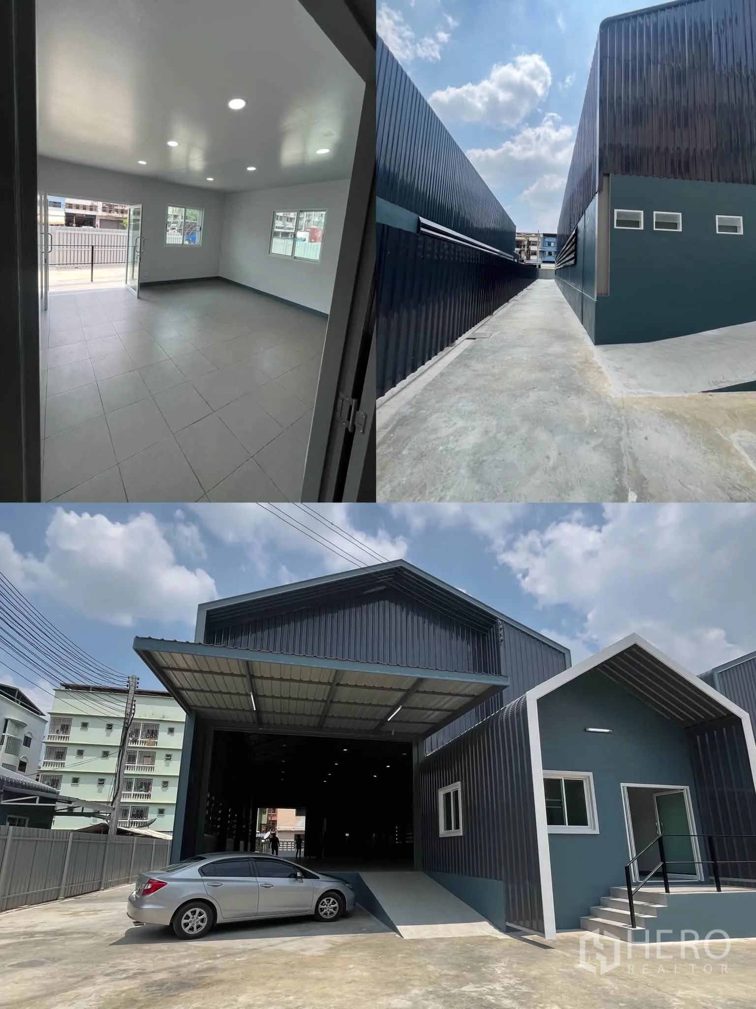 Factory for rent in Khlong Luang, Pathum Thani - Collage showing tiled office room, side driveway between buildings, and front loading bay with ramp.