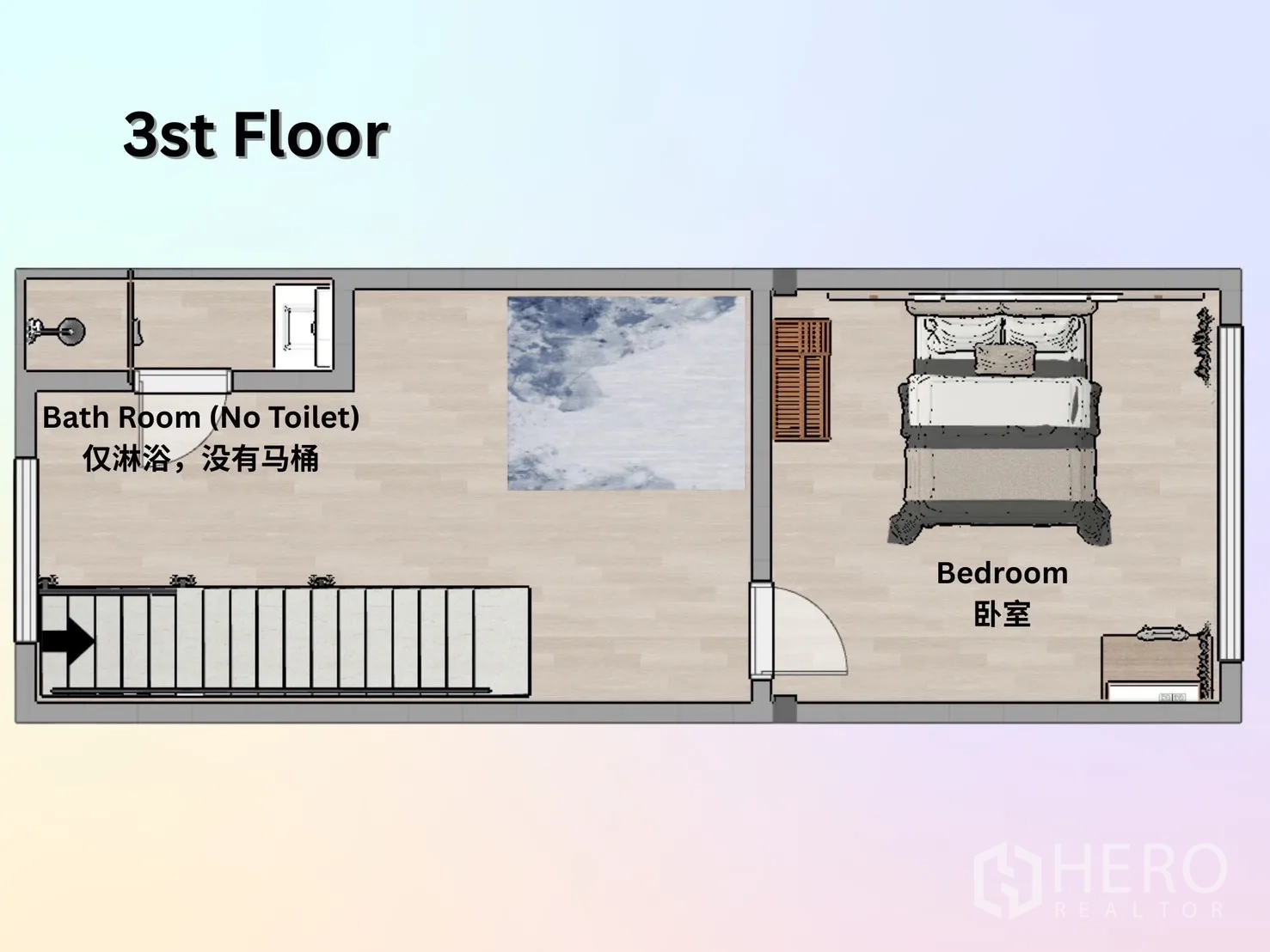 店屋 出租在Ratchathewi, Bangkok - 三楼平面图：卧室与淋浴间布局。