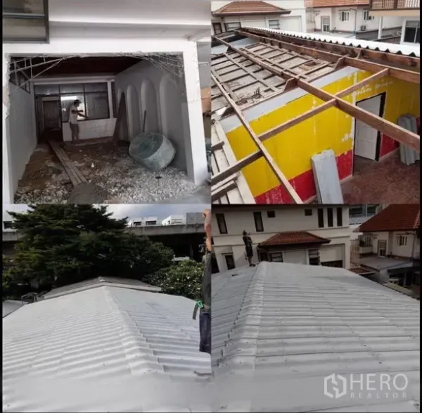 Home Office for rent in Suan Luang, Bangkok - Roof improvement in progress with new metal sheets and open truss above a low-rise neighborhood.