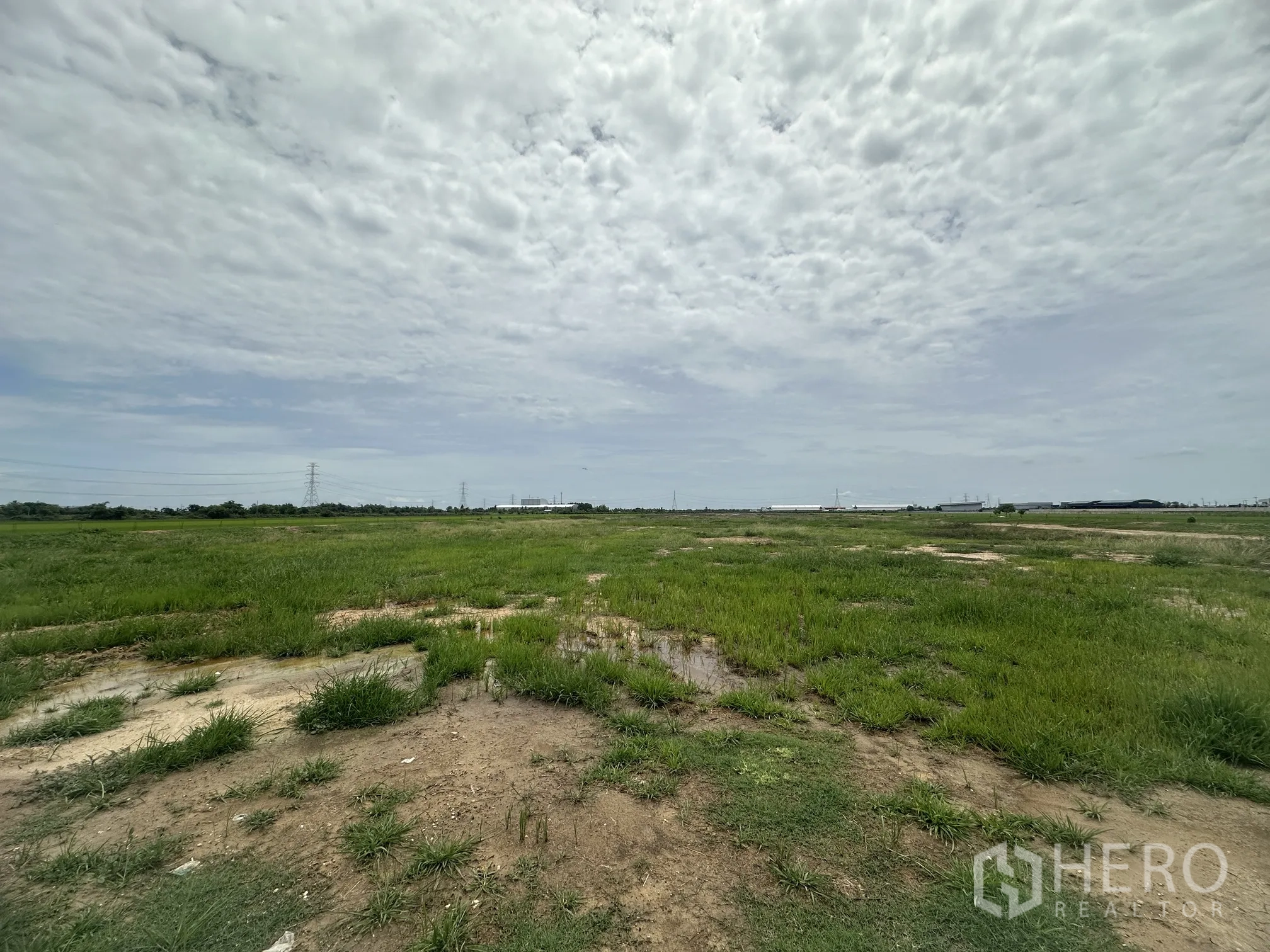 Land for sale in Sai Noi, Nonthaburi - Wide, level land plot with grass and dirt patches stretching to the horizon.