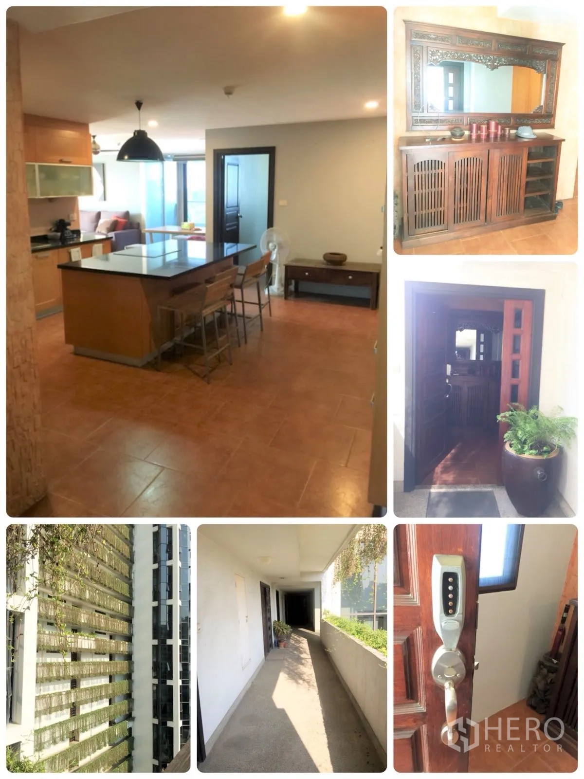 คอนโด ให้เช่าในWatthana, Bangkok - มุมรับประทานอาหารอบอุ่น โต๊ะไม้พร้อมเบาะยาว ตู้โชว์กระจก และผนังสีพีช