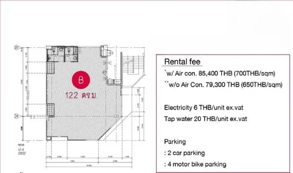 Office Space for rent in Watthana, Bangkok - Floor plan of a 122 sqm office level showing layout, bathrooms, stairs, rental fee notes, and parking info.