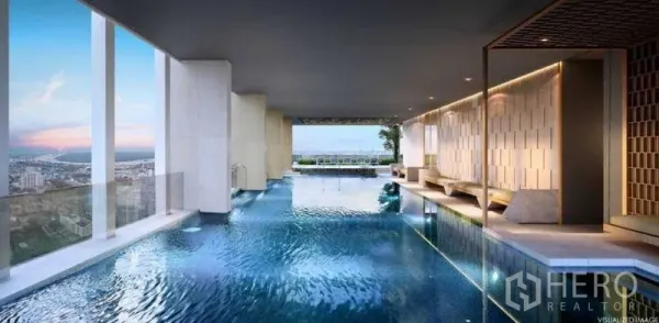 Condominium for sale in Sathon, Bangkok - Covered infinity-edge swimming pool with panoramic city views.