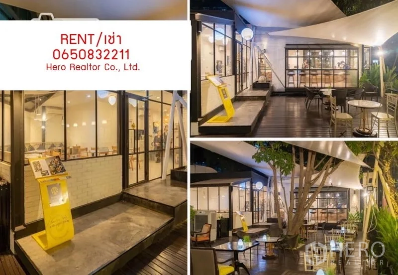 零售空间 出租在Pathum Wan, Bangkok - 夜景拼图：店外立面灯光与花园露台用餐区。