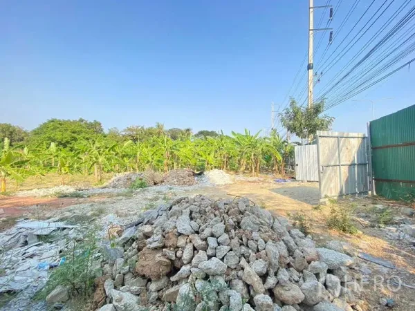 Land for sale in Bang Khae, Bangkok - Entrance area of the plot with rubble piles, banana grove and utility poles along the road.