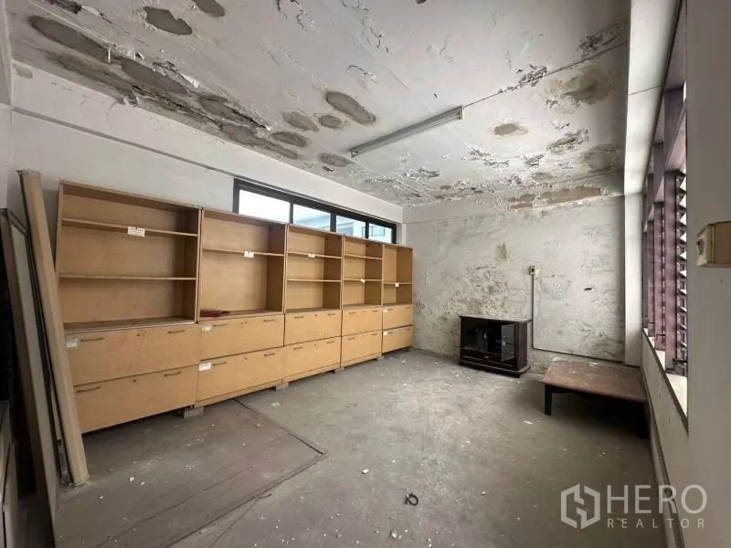 Office Space for rent - Storage room with built-in shelving and weathered ceiling