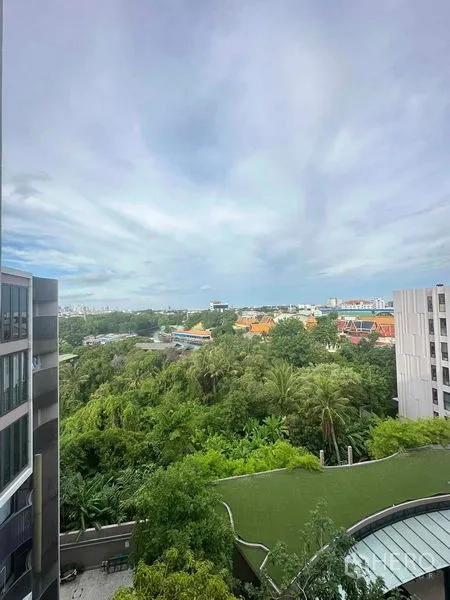 คอนโด ขายในWatthana, Bangkok - มุมมองชั้นสูงระหว่างอาคารคอนโด เห็นเรือนยอดไม้และหลังคาวัดใต้ท้องฟ้ากว้าง