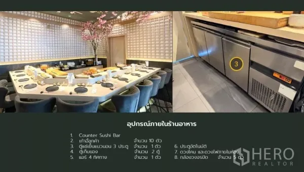 零售空间 出租 - 室内细节：寿司吧台与软垫座椅，以及台下不锈钢冷柜设备