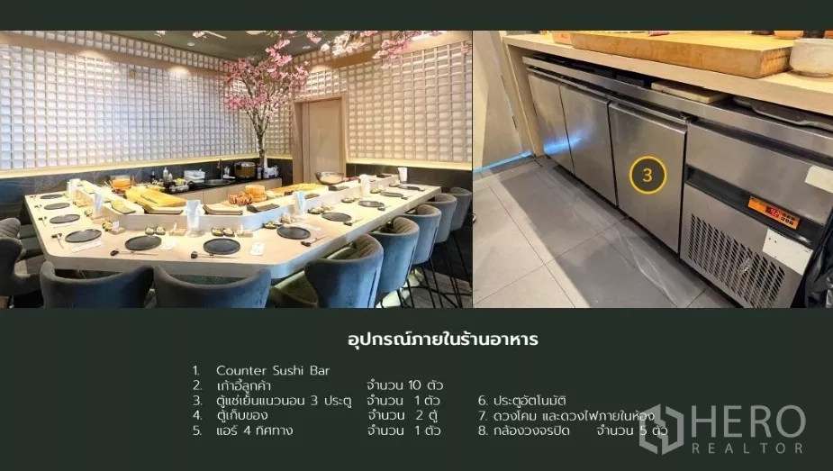 零售空间 出租 - 室内细节：寿司吧台与软垫座椅，以及台下不锈钢冷柜设备