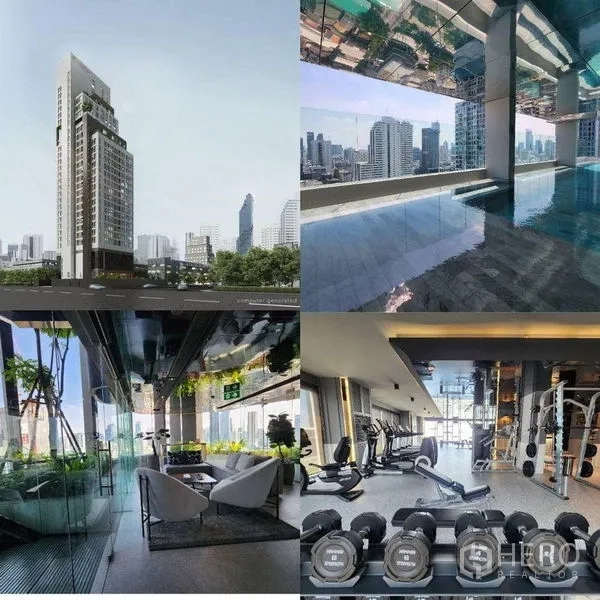 Condominium for rent in Bang Rak, Bangkok - Condo amenities including high-rise exterior, rooftop pool, lounge and equipped fitness gym.
