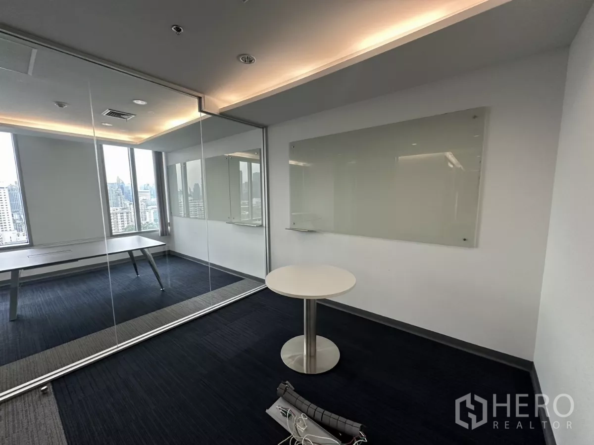 Office Space for rent in Watthana, Bangkok - Glass-partitioned office with whiteboard wall and round table.