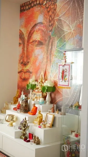 Detached House for rent or sale in Bang Bo, Samut Prakan - Dedicated prayer room with tiered altar and large mural feature wall.