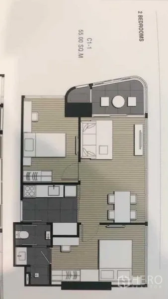 คอนโด ให้เช่าในHuai Khwang, Bangkok - ผังห้องคอนโด 2 ห้องนอน พื้นที่ใช้สอย 55 ตร.ม.