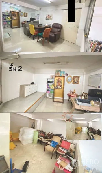 Shophouse for rent or sale in Watthana, Bangkok - Bright shophouse interior with meeting table, colorful chairs and storage on glossy tiled floor.